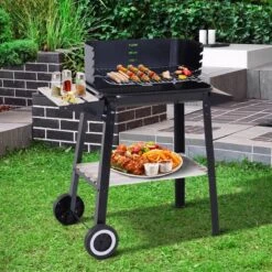 Verrijdbare Barbecue – Houtskool/Briketten - Verstelbare Grillplaat – Houten Tafel – Winscherm – Gewicht 5.9kg -Barbecue Benodigdheden Winkel 1200x1200