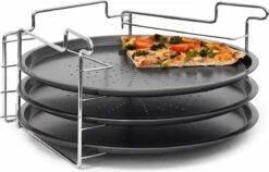 Relaxdays 3 Pizaplaten Met Pizzarek, Pizza Bakplaat Rond 33 Cm, Pizzaplaat 3stuk